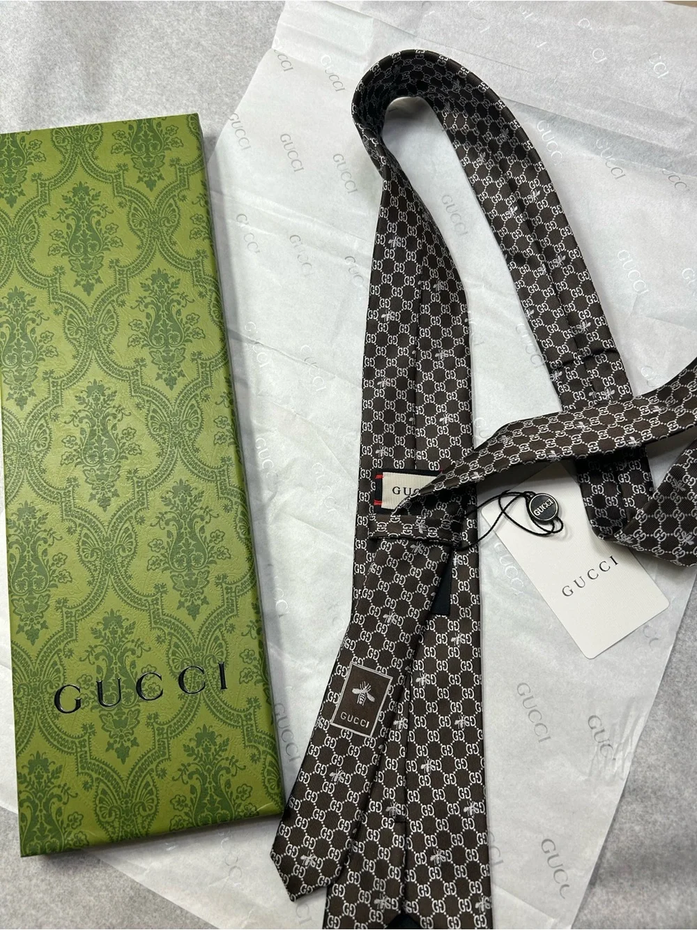 Gucci Brown GG Silk Tie with Ivory Monogram
